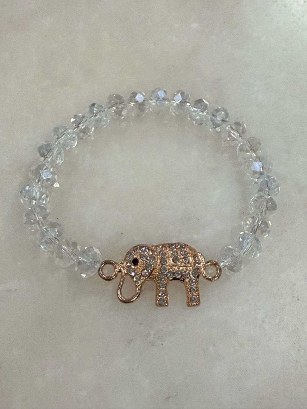 Crystal Bead Elephant Stretch Bracelet - Clear and Gold